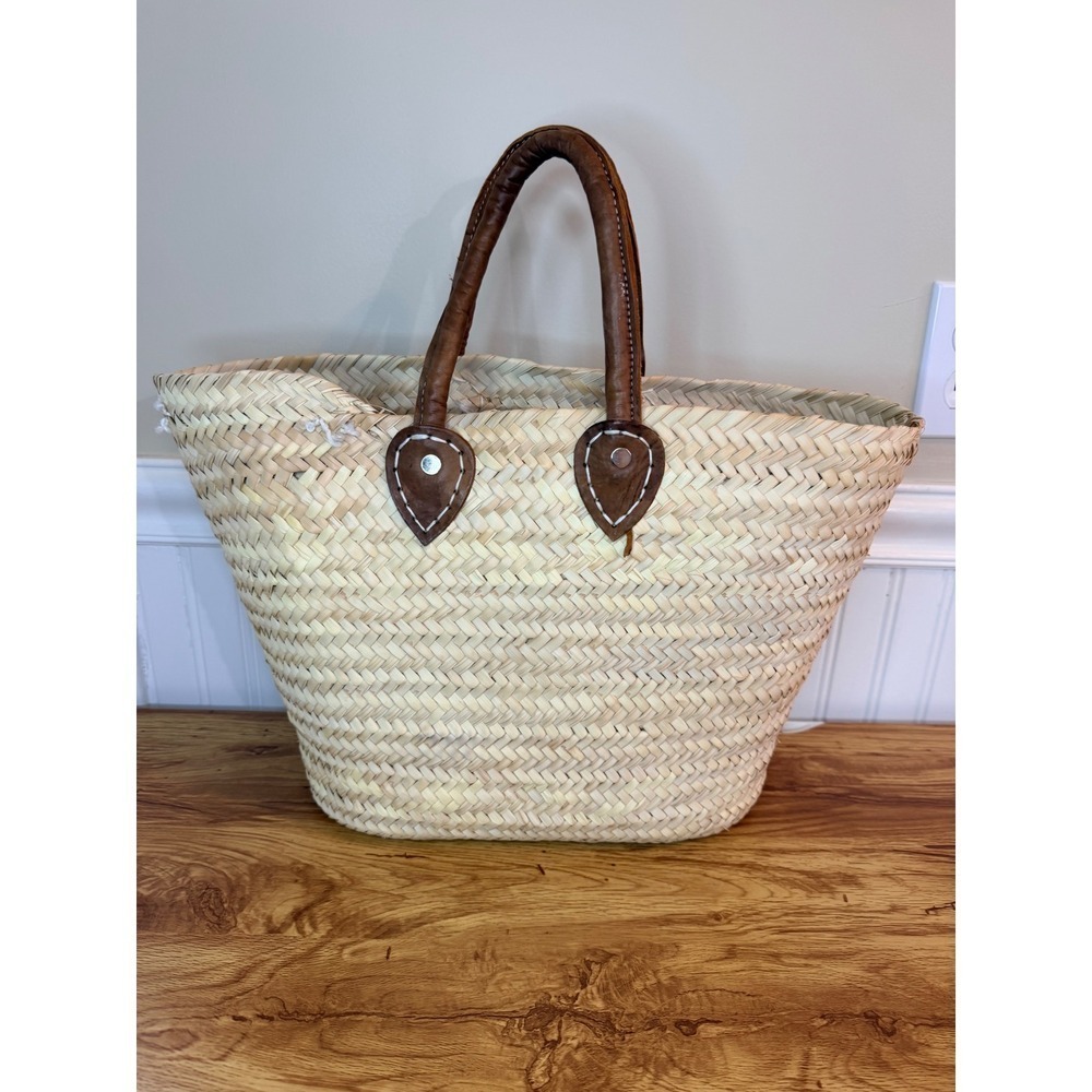 Poolside Medium Beach Tote Straw Basket Bag Embroidered Word Blue Tan Medium - Picture 3 of 16